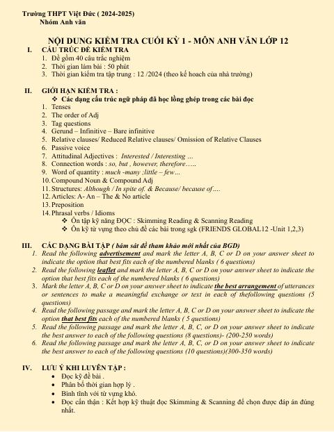 Đề cương ôn tập Học kì 1 Tiếng Anh 12 năm 2024–2025 trường THPT Việt Đức (Hà Nội)
